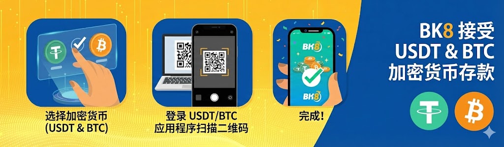 BK8 支持 USDT 和 BTC 加密货币存款的操作流程示意图,展示扫码完成充值步骤